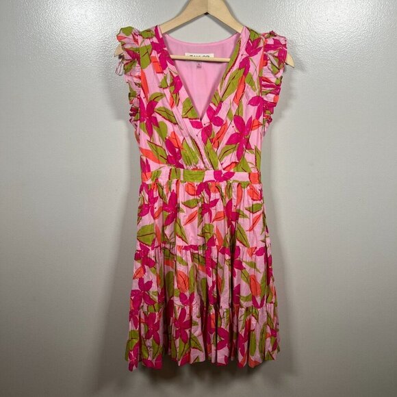 Taylor Lawn Mini Dress Size Small Pink Floral Tropical Vacation Resort Flutter - Picture 2 of 12